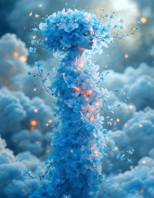 The primary subject of the image is a woman dressed in a blue and white flowery outfit, standing in a cloudy environment. The setting appears to be a cloudy sky, and the visual style is a combination of digital art and illustration. The woman is surrounded by blue flowers, and the overall atmosphere is serene and dreamy.